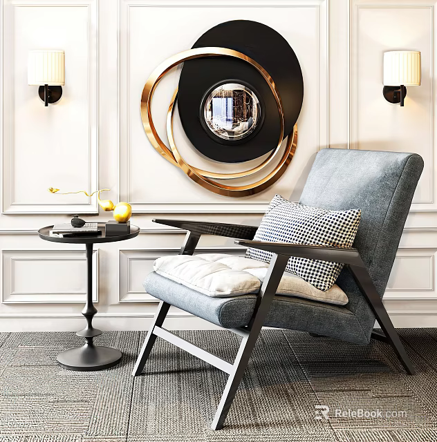 Gray Armchair With Side Table Yellow Vase Wall Sconces And Decorative Mirror On White Wall 3d model 
