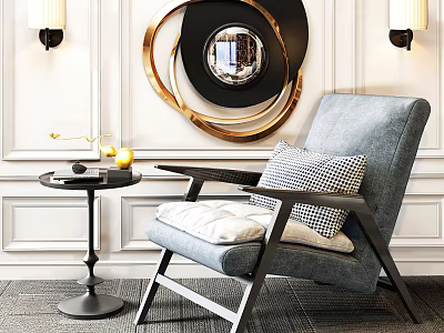 Gray Armchair With Side Table Yellow Vase Wall Sconces And Decorative Mirror On White Wall 3d model