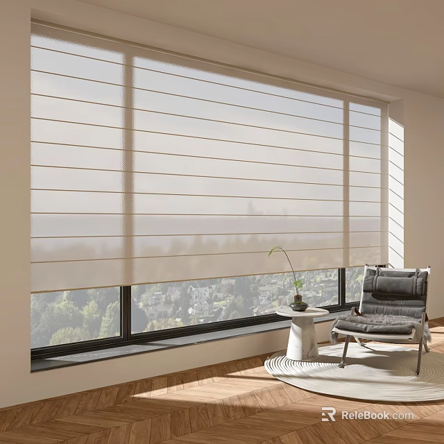 Modern Roller Blinds On Large Window In Living Room With City View And Comfortable Chair 3d model 