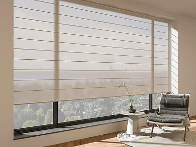 Modern Roller Blinds On Large Window In Living Room With City View And Comfortable Chair 3d model