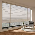 Modern Roller Blinds On Large Window In Living Room With City View And Comfortable Chair