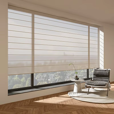Modern Roller Blinds On Large Window In Living Room With City View And Comfortable Chair 3d model