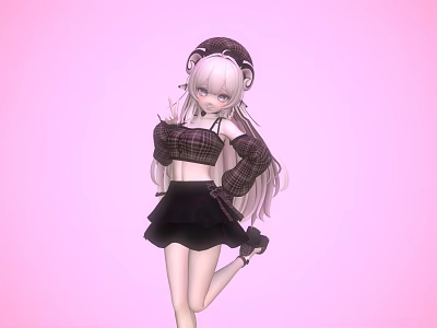 Woman In Plaid Top And Black Skirt With Sheep Horn Headwear On Pink Background 3d model
