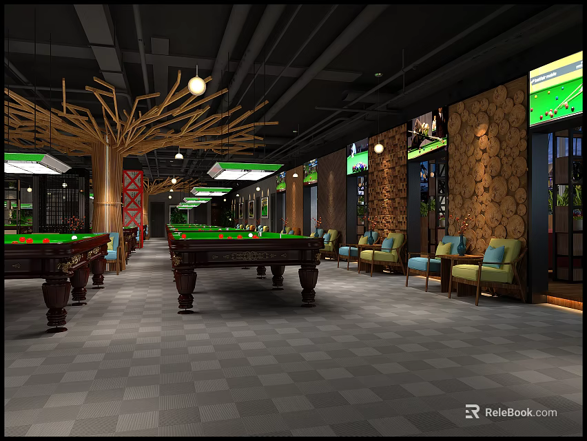 Modern Billiard Room Interior With Multiple Tables Comfortable Chairs Modern Lighting And Checkered Floor 3d model 