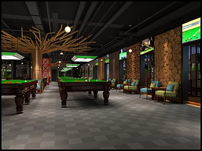 Modern Billiard Room Interior With Multiple Tables Comfortable Chairs Modern Lighting And Checkered Floor 3d model