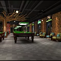 Modern Billiard Room Interior With Multiple Tables Comfortable Chairs Modern Lighting And Checkered Floor 3d model
