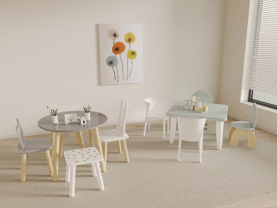 Kids Table And Chair Set In Indoor Playroom With Toys Decorative Painting And Carpet 3d model