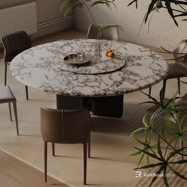 Modern Indoor Round Marble Top Dining Table Set With Chairs Decorative Tray And Orange 3d model 