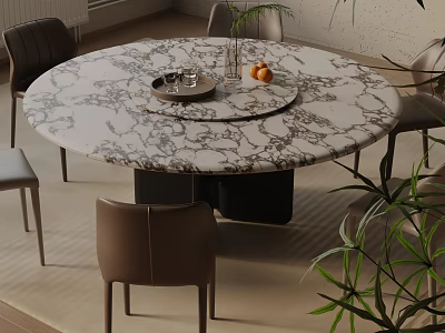Modern Indoor Round Marble Top Dining Table Set With Chairs Decorative Tray And Orange 3d model