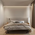 Cozy Modern Bedroom Interior With Fabric Headboard Brown Curtains Window Shutters And Armchair