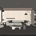 Modern Living Room Interior With White Sofa Armchair Round Coffee Table Floor Lamp Piano And Bookshelf