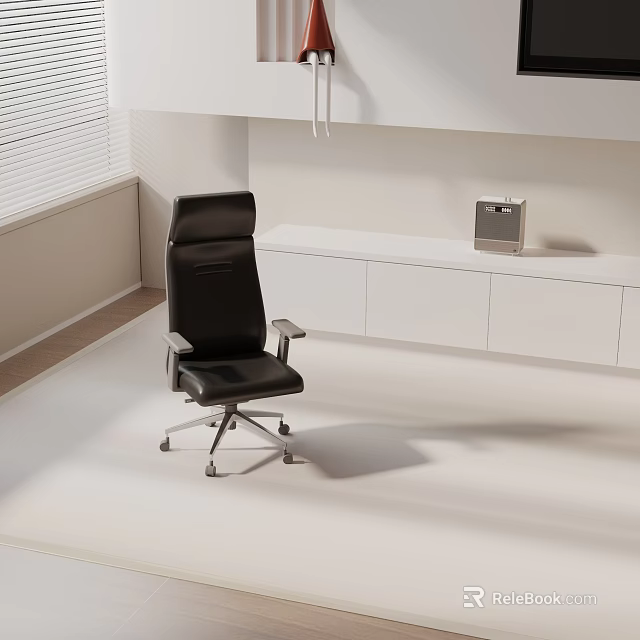 Black Leather High Back Office Chair With Wheels In White Cabinet Blinds Room 3d model 