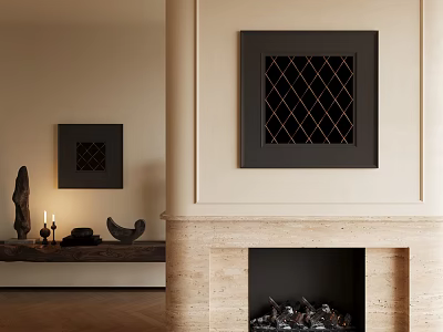 Abstract Painting on Wall Above Modern Fireplace with Decorative Items 3d model