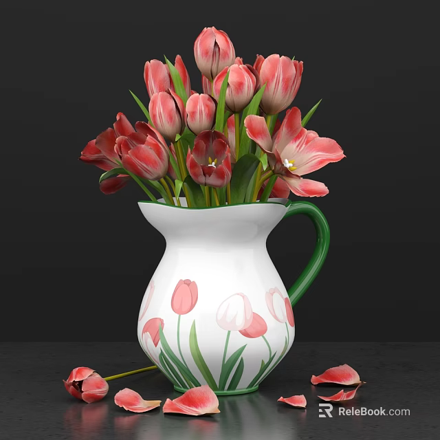 White Vase with Pink Tulip Patterns and Green Handle Holding Fresh Red Pink Tulips 3d model 