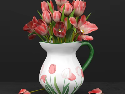 White Vase with Pink Tulip Patterns and Green Handle Holding Fresh Red Pink Tulips 3d model