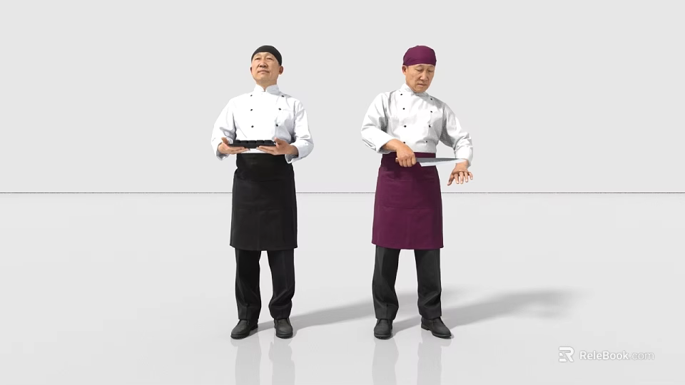 Two Men in Chef Uniforms Holding Tray and Knife with Black Purple Aprons and Hats 3d model 