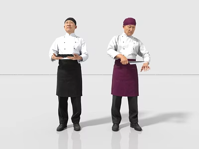 Two Men in Chef Uniforms Holding Tray and Knife with Black Purple Aprons and Hats 3d model