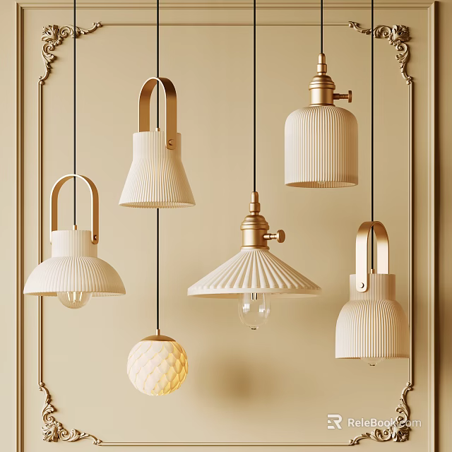 Minimalist Design Pendant Lights With Beige Shades And Textured Gold Accent Details 3d model 