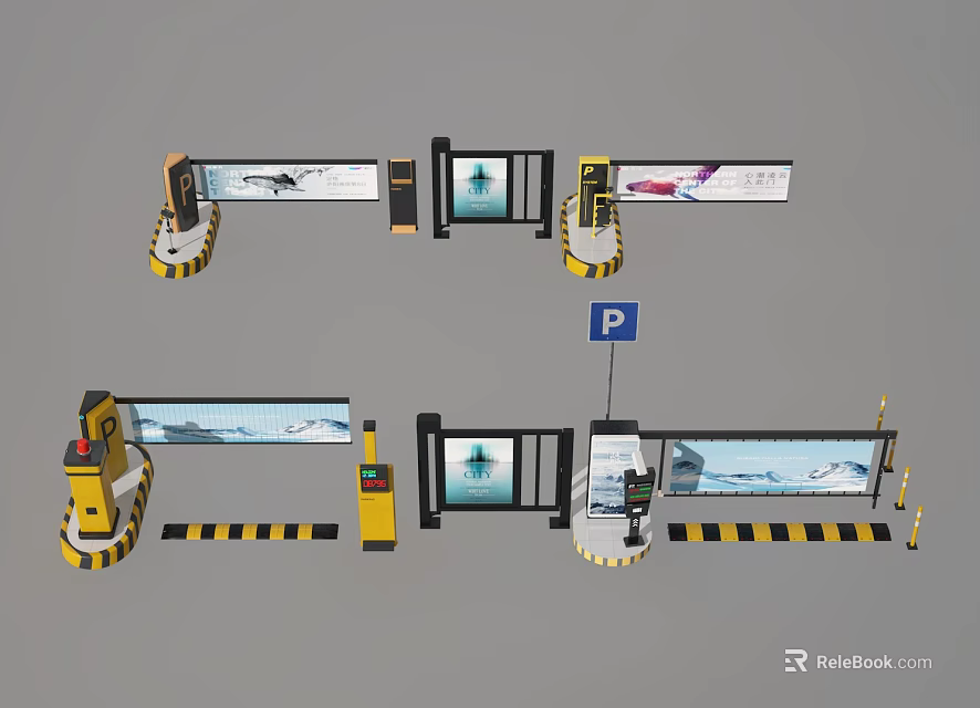 Automatic Parking Barrier System With Display Screens And Warning Stripes 3d model 