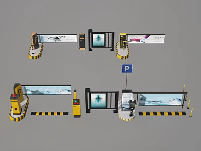 Automatic Parking Barrier System With Display Screens And Warning Stripes 3d model