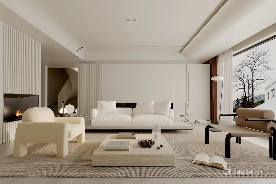 Modern Living Room Interior Design With White Sofa Armchair Fireplace And Floor Lamp 3d model 