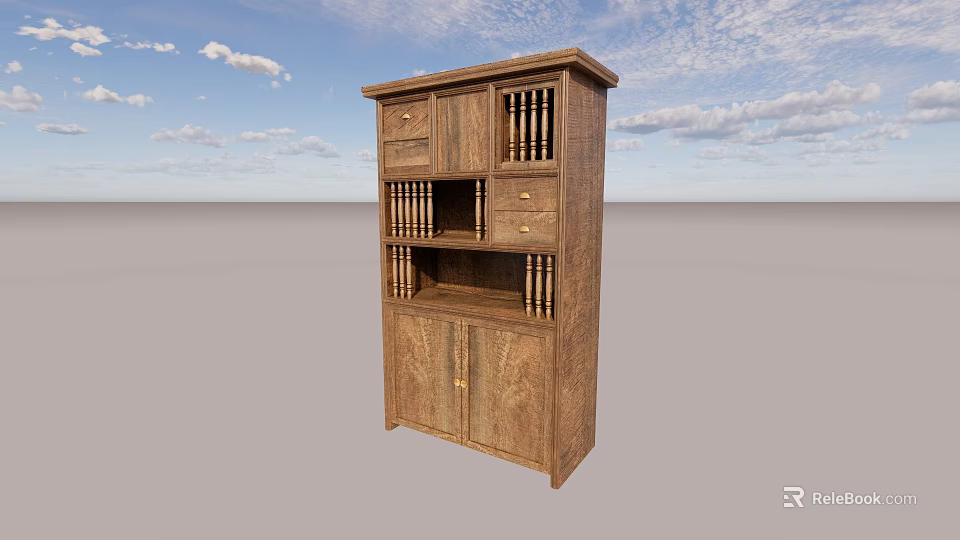 Elegant Wooden Sideboard Cabinet With Classic Design Storage Drawers And Open Shelves 3d model 
