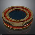 Round Layered Ornamental Scene Component With Blue Center Red Frame And Gold Rivets