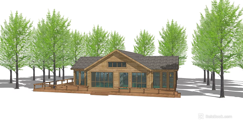 Wooden Cabin Surrounded by Green Trees With Large Windows and Wooden Deck 3d model 