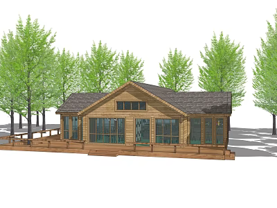 Wooden Cabin Surrounded by Green Trees With Large Windows and Wooden Deck 3d model