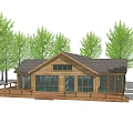 Wooden Cabin Surrounded by Green Trees With Large Windows and Wooden Deck