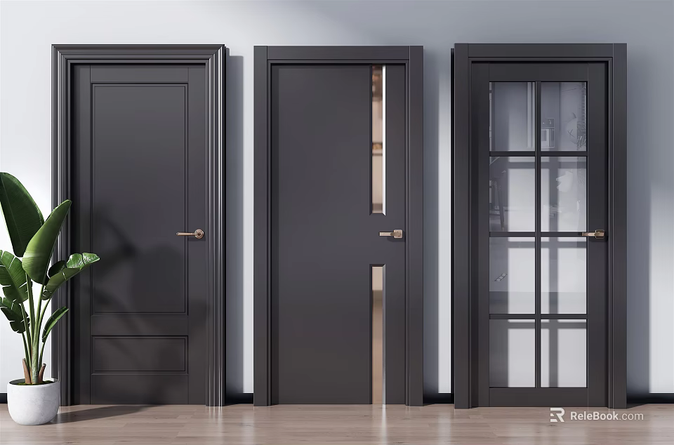 Modern Dark Gray Swing Doors with Solid Panel Vertical Accent and Glass Panel Designs 3d model