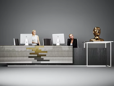 Modern Reception Desk With Staff Computers Golden Sculpture And Gray Gold Design 3d model