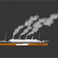 Ship With White And Orange Hull Three Yellow Funnels Emitting Gray Smoke And Water Reflection