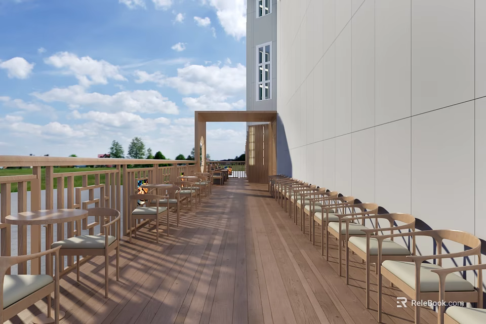 Restaurant Outdoor Terrace Featuring Wooden Flooring Arranged Tables Chairs White Walls River View Blue Sky 3d model 