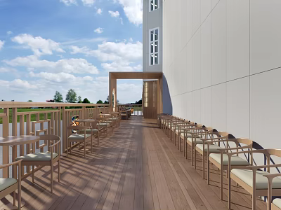 Restaurant Outdoor Terrace Featuring Wooden Flooring Arranged Tables Chairs White Walls River View Blue Sky 3d model