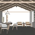 Modern Hotel Chess And Card Room Interior With Wooden Ceiling And Comfortable Chairs