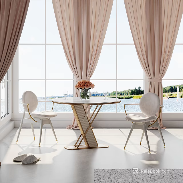 Modern Round Dining Table With White Chairs Golden Base Near Window With Scenic View 3d model 