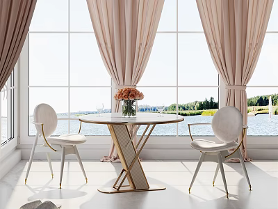 Modern Round Dining Table With White Chairs Golden Base Near Window With Scenic View 3d model