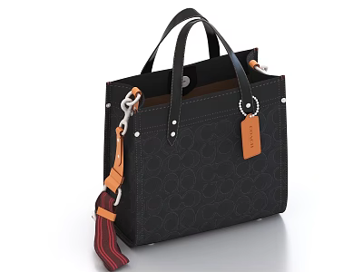 Black Coach Leather Tote Bag With Circular Pattern Chain Detail And Tassel Accessory 3d model
