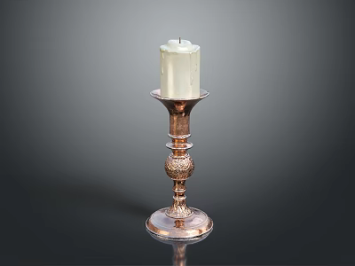 Elegant Decorative Copper Candlestick With White Candle And Ornate Base Design 3d model