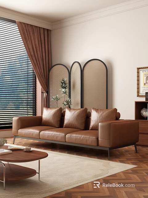 Brown Leather Multi-seat Sofa In Living Room With Blinds Curtains Room Divider And Green Plants 3d model 
