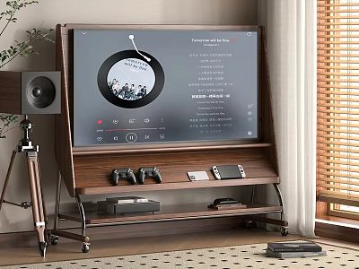 Modern TV On Wooden Stand With Game Controllers Remote And Tripod Speaker In Living Room 3d model