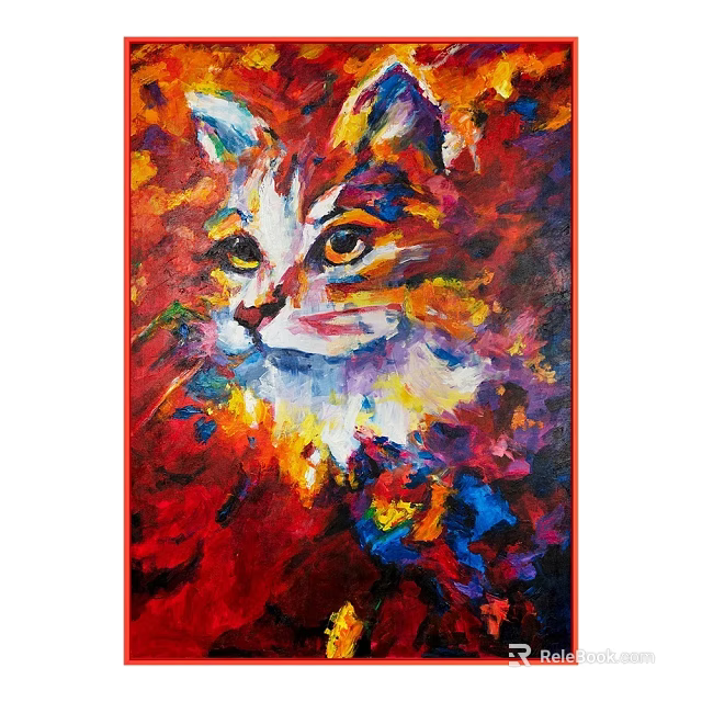 Vibrant Colorful Cat Portrait Oil Painting With Red Yellow Blue Hues 3d model 