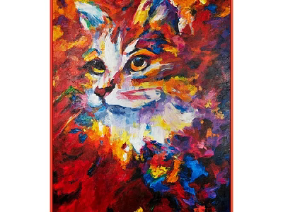 Vibrant Colorful Cat Portrait Oil Painting With Red Yellow Blue Hues 3d model