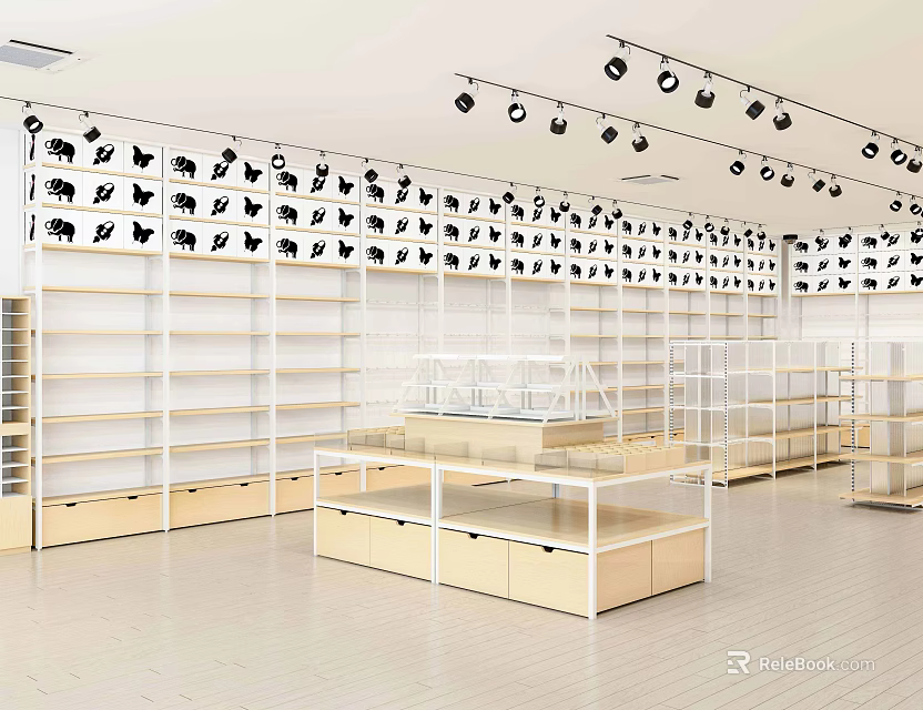 Spacious Modern Specialty Store Interior With Open Shelves Display Counters And Bright Lighting 3d model