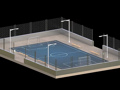Fenced Outdoor Sports Court With Basketball Court Goalposts Lighting Poles And Benches 3d model