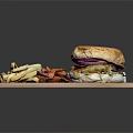 Juicy Burger With Crispy Regular And Sweet Potato Fries Served On Wooden Cutting Board