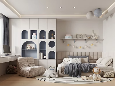 Modern Kids Room With Curved Shelves Bed Cozy Chair And Decor 3d model