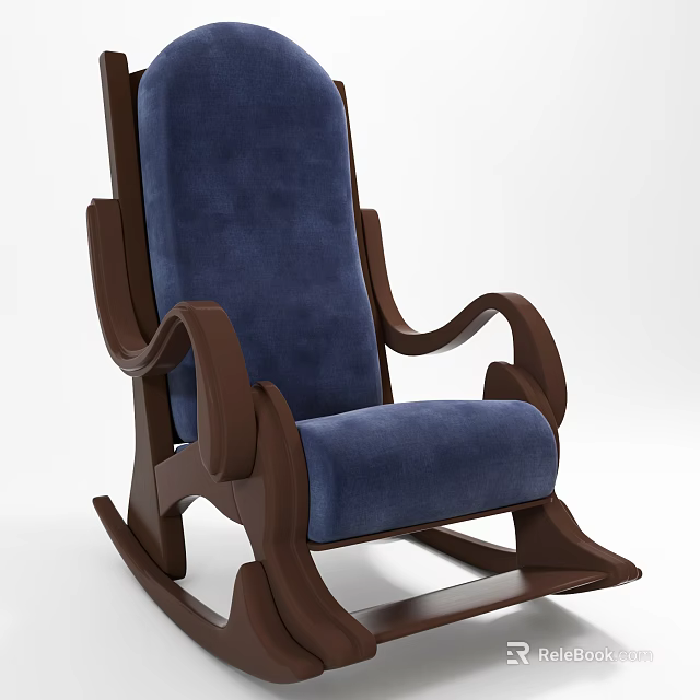 Comfortable Rocking Chair With Blue Upholstered Seat Wooden Frame And Curved Armrests 3d model 