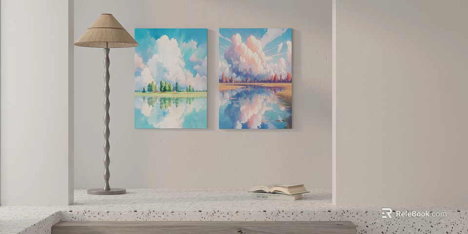 Two Landscape Paintings With Sky Clouds And Water Reflections On Wall In Indoor Setting 3d model 